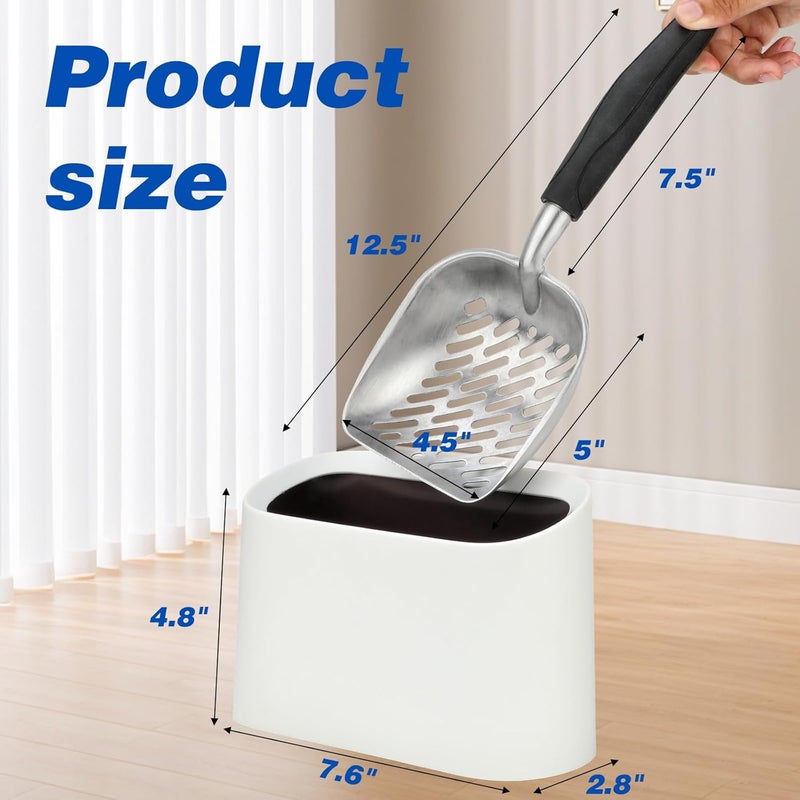 Midollarle Heavy-Duty Cat Litter Scoop with Holder, Metal Cat Scooper and Detachable Trash Can,Aluminum Kitty Poop Shovel Captures All Clumps,Speed Sifter Litter Box Scooper and Caddy with Lid(White) - Image 5